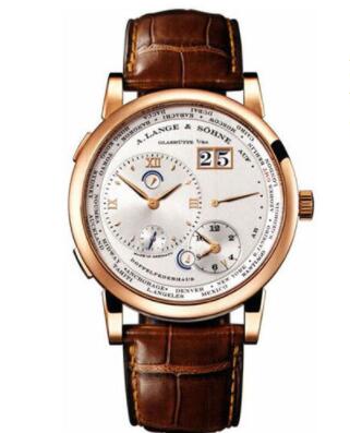 Replica A. Lange & Söhne Lange 1 Time Zone Watch - 41.9mm Rose Gold Case - Silver Dial - Brown Alligator Strap 116.032