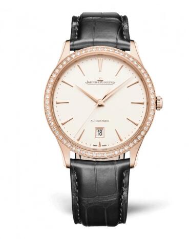 Jaeger-LeCoultre Master Ultra Thin Date Pink Gold Diamond Eggshell Alligator Replica Watch 1232502