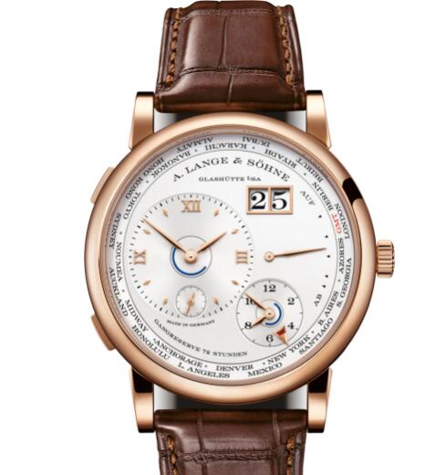 A Lange Sohne LANGE 1 TIME ZONE Pink gold with dial in argenté Replica Watch 136.032