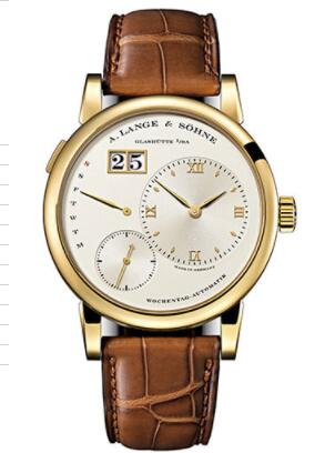Replica A. Lange & Söhne Lange 1 Daymatic Watch - 39.5mm Yellow Gold Case - Champagne Dial - Brown Alligator Strap 320.021