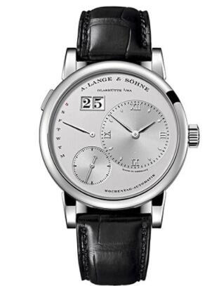 Replica A. Lange & Söhne Lange 1 Daymatic Watch - 39.5mm Platinum Case - Solid Silver Dial - Black Alligator Strap 320.025
