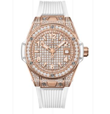 2023 Hublot Big Bang One Click King Gold White Full Pavé 33 mm Replica Watch 485.OE.9000.RW.1604