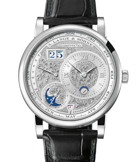 A Lange and Sohne LANGE 1 TOURBILLON PERPETUAL CALENDAR HANDWERKSKUNST Platinum with hand-engraved white-gold dial in rhodié Replica Watch 720.048
