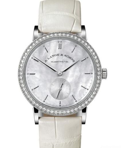 Replica A Lange Sohne Saxonia Watch White Gold - Diamonds - Mother-of-Pearl Dial - Crocodile Strap 878.029