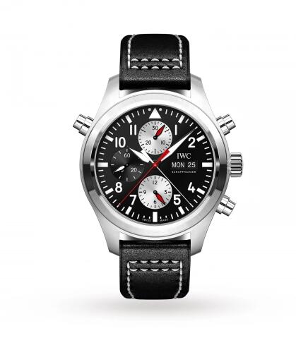 Replica IWC Pilot's Watch Double Chronograph Stainless Steel Black-Silver Calf Watches of Switzerland IW371813