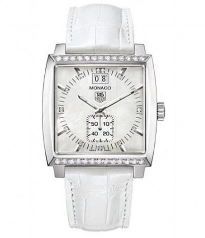 Replica TAG Heuer Monaco Quartz Big Date Stainless Steel Diamond MOP Alligator Watch WAW1313.FC6247